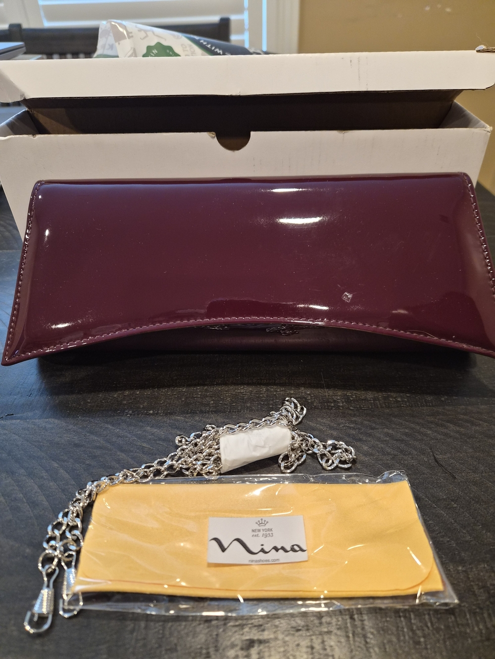 Nina Plum Patent Leather Clutch with Silver Chain - Picture 2 of 5